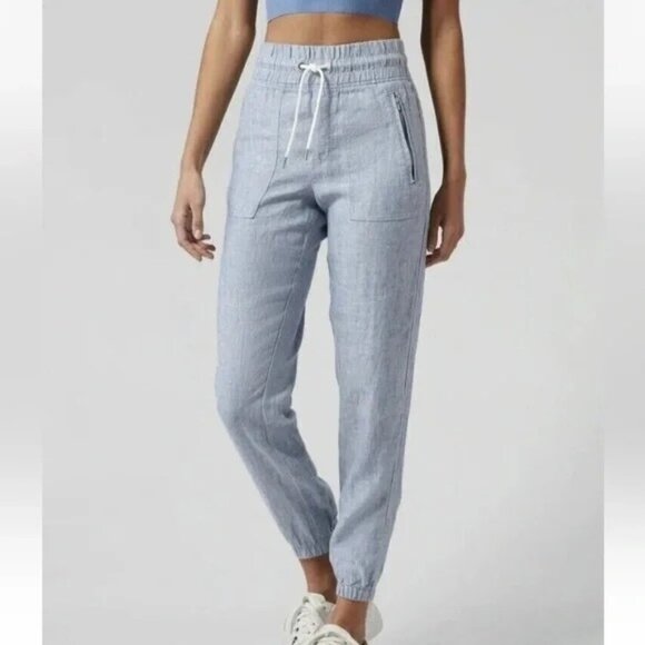 Athleta Cabo Linen Jogger Chambray Blue Sz 2‎ Beachy Nautical Coastal Athleisure - Picture 1 of 13